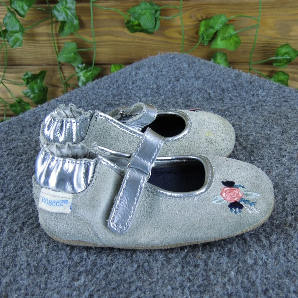 Robeez Girls Crib ‎ Sz T 5 Medium Gray Leather Hook & Loop